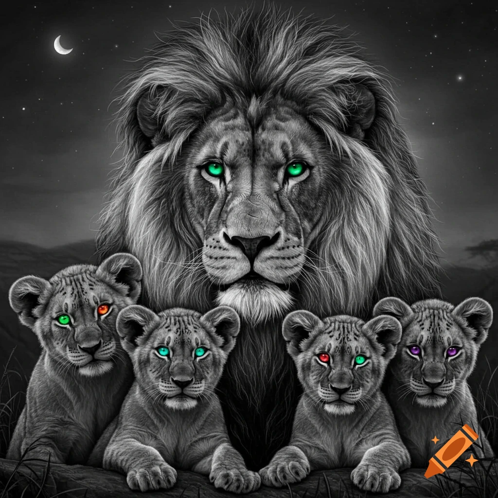 A black and white image of a large lion with a prominent mane looking forward, with four small lion cubs below it. All have bright, multi-colored eyes. A crescent moon is visible in the starry night sky.