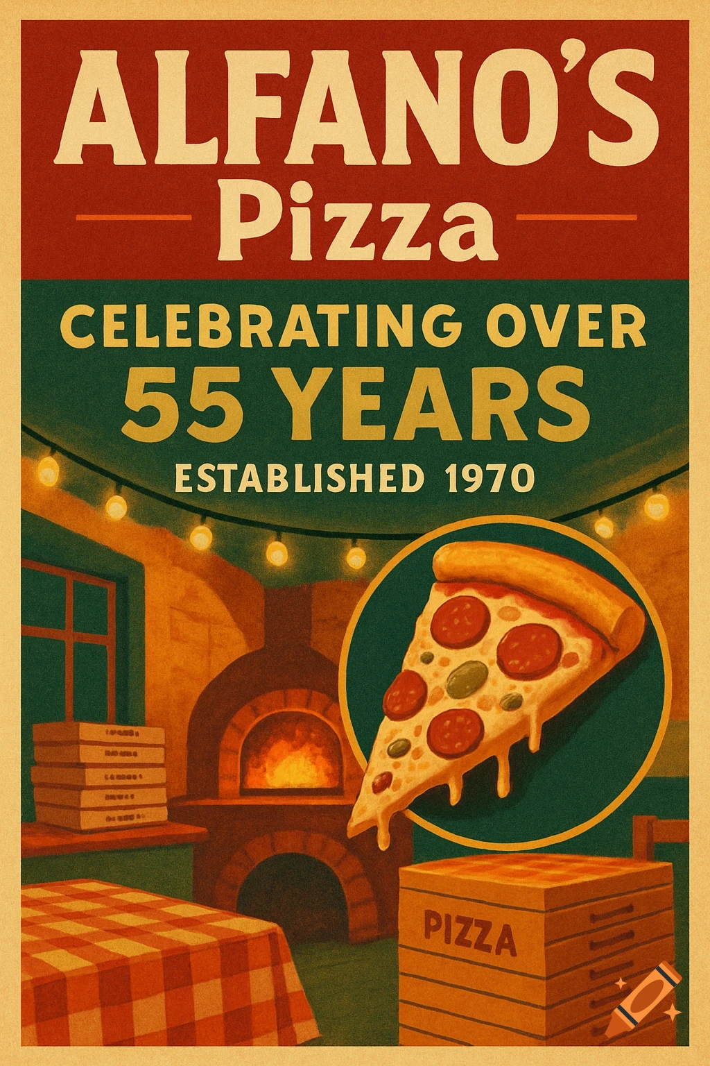 A vintage-style illustration poster for Alfano's Pizza, featuring a pepperoni and olive slice, a pizza oven, and text 'Celebrating Over 55 Years Established 1970'.