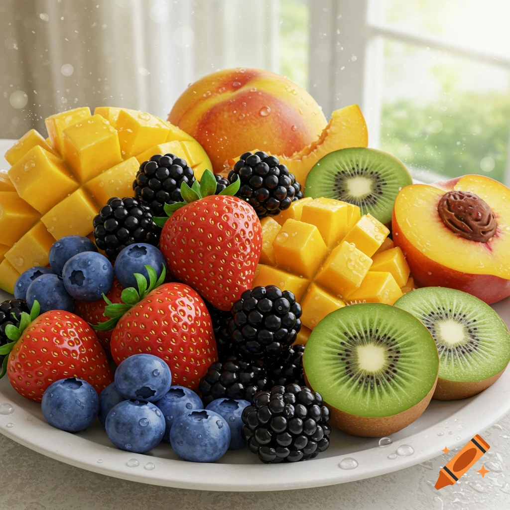 A close-up shot of a white plate filled with various fresh fruits including sliced mangoes, strawberries, blueberries, blackberries, kiwi halves, and peaches, all glistening with water droplets.