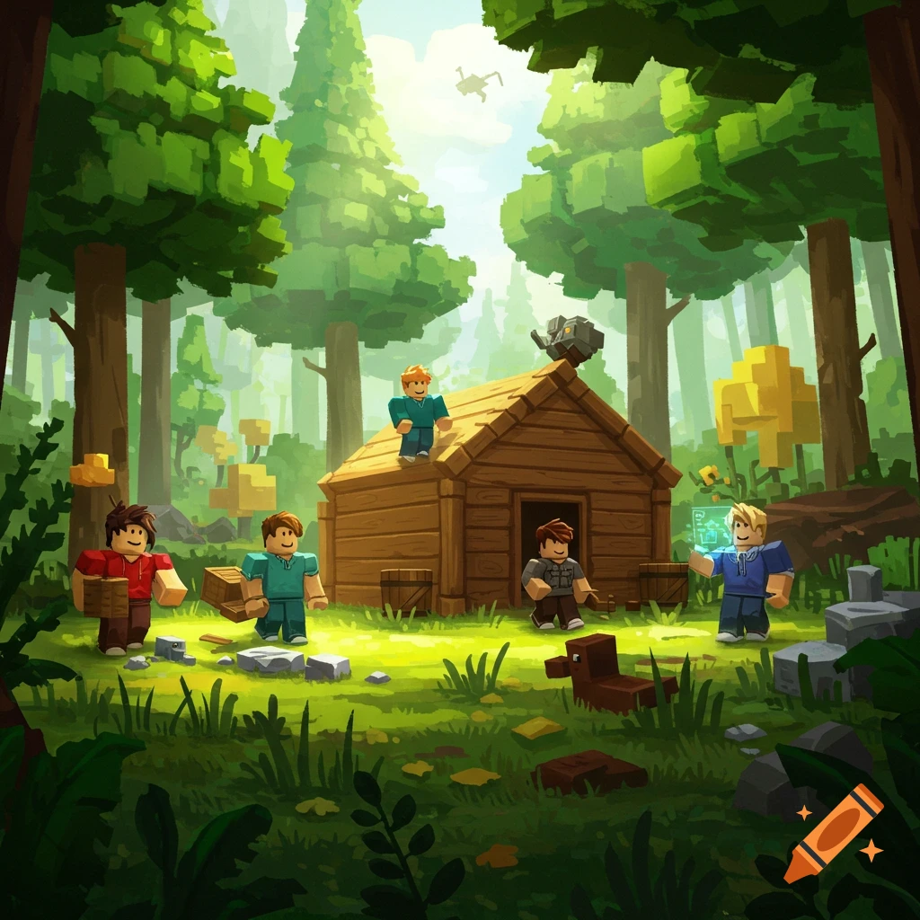 Roblox-style blocky characters build a log cabin in a sunny forest clearing, working together with one looking at a holographic screen.