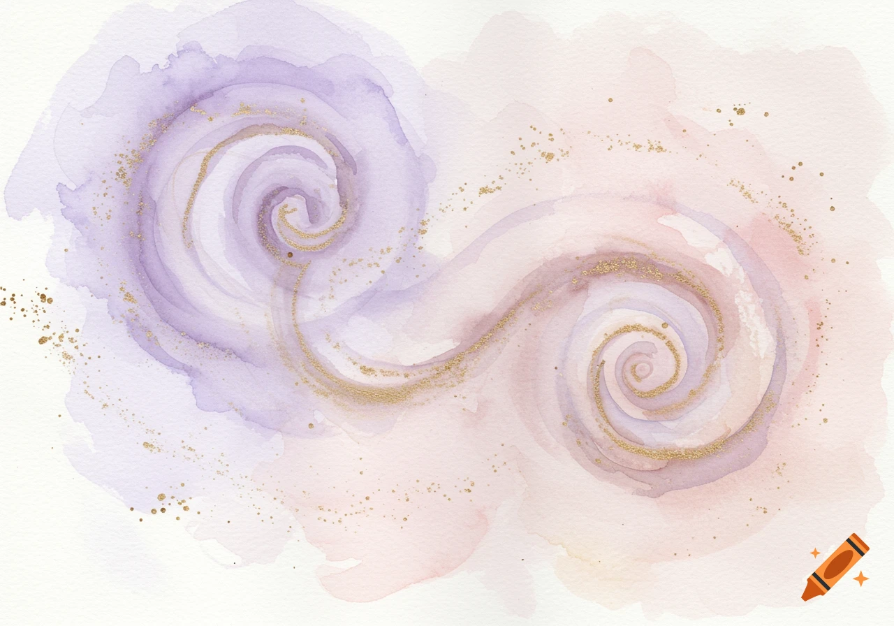 An abstract watercolor painting features swirling shapes in light purple and pink, intertwined with shimmering gold dust particles.