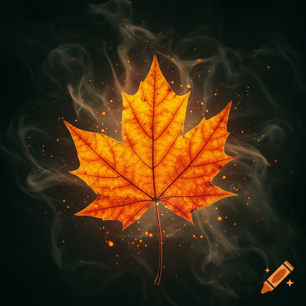 A vibrant orange maple leaf glowing amidst wisps of smoke and golden sparks on a dark background.