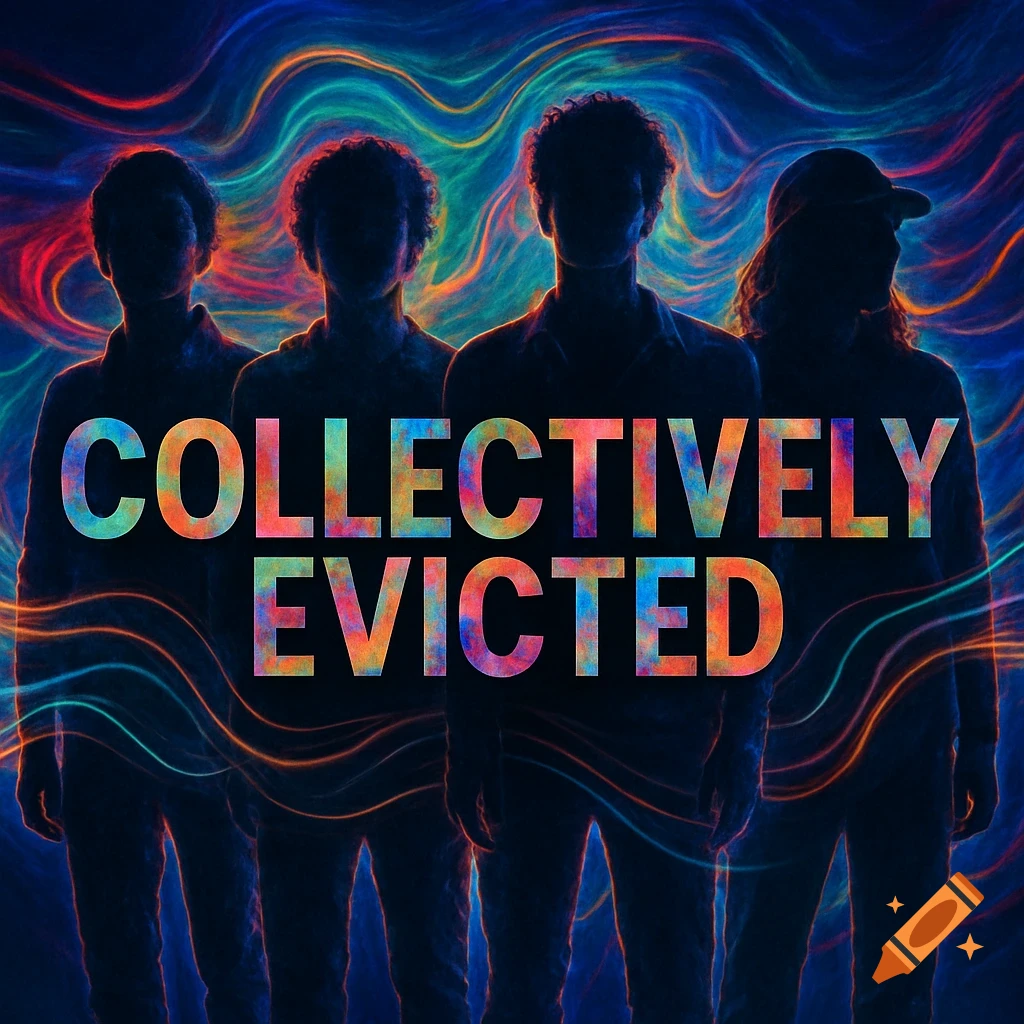 Album cover with four silhouetted figures in front of a vibrant, swirling neon background, with the words 'COLLECTIVELY EVICTED' in colorful text.
