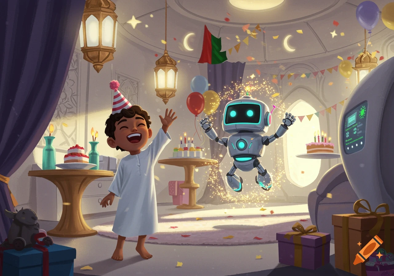 A cheerful boy in a white robe and party hat laughs, raising his hand, while a playful robot with glowing eyes floats nearby amidst sparkling confetti and birthday decorations.