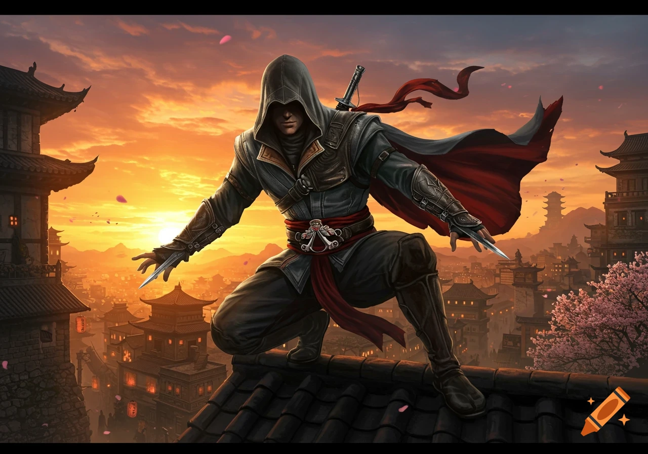 A hooded assassin crouches on a rooftop overlooking an East Asian city at sunset, with cherry blossom petals falling.