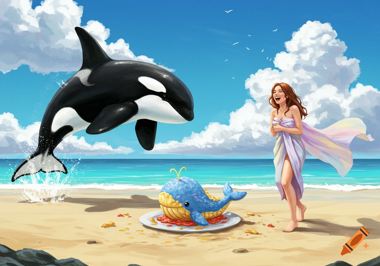 A vibrant illustration shows an orca jumping from the ocean next to a laughing woman and a whale-shaped dessert on a sunny beach.