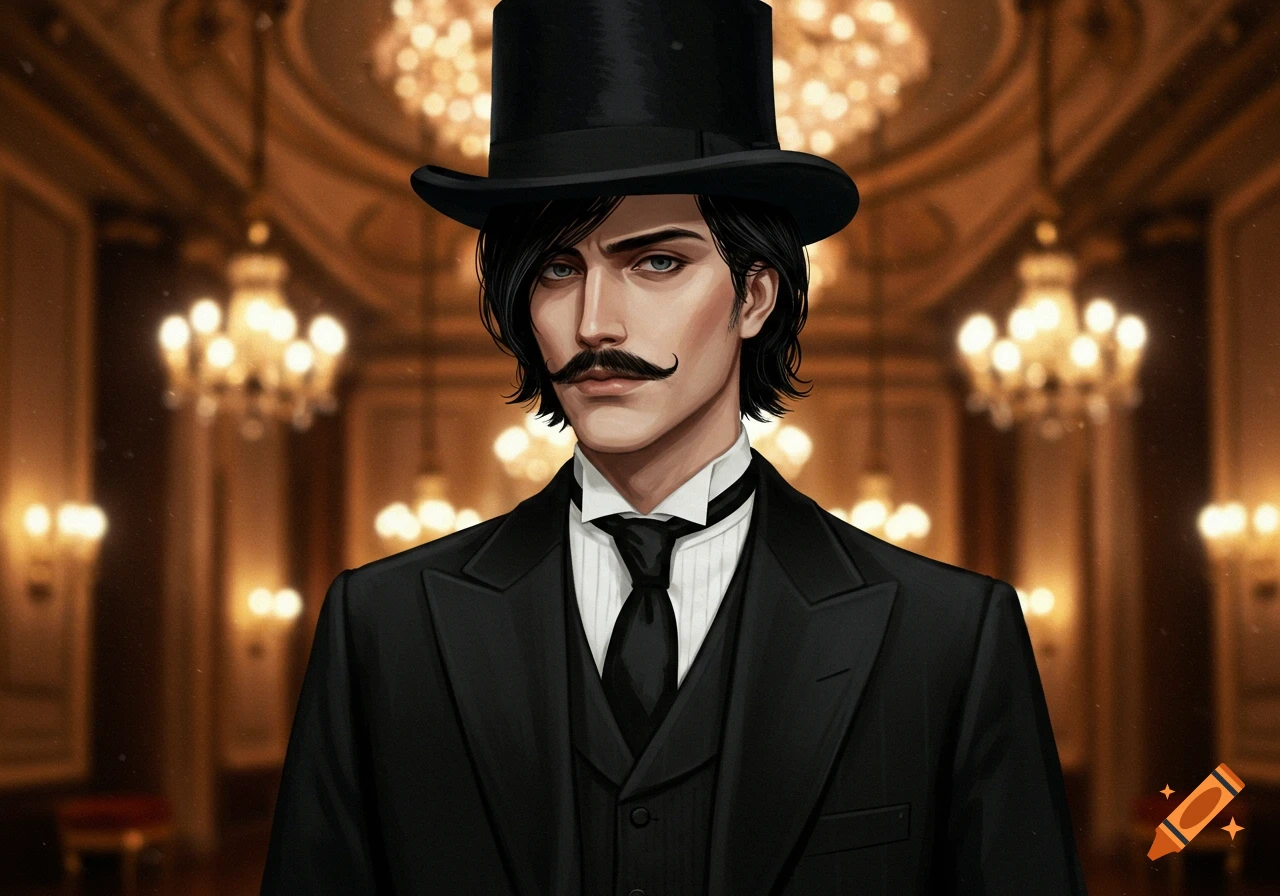 A digital painting of a man with a mustache and top hat in a suit, set against a blurry background of chandeliers.