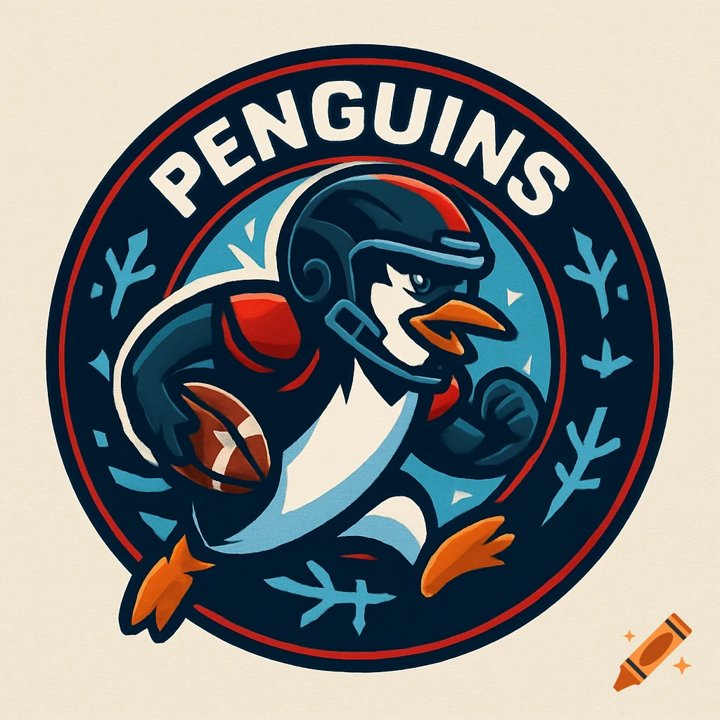 A circular football team logo featuring a stylized penguin in a helmet running with a football.