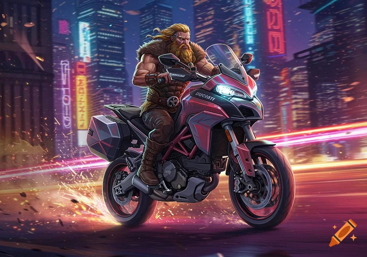 A rugged, bearded man on a red Ducati motorcycle speeds through a vibrant, neon-lit futuristic city at night, illustrated style.