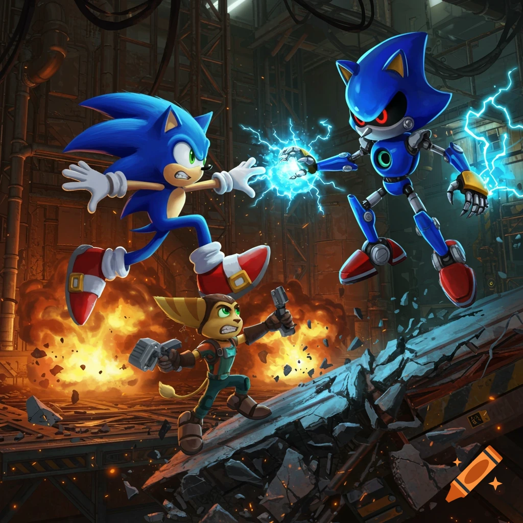 Sonic the Hedgehog, Metal Sonic, and Ratchet from Ratchet and Clank battle in a collapsing industrial setting with fire and debris.