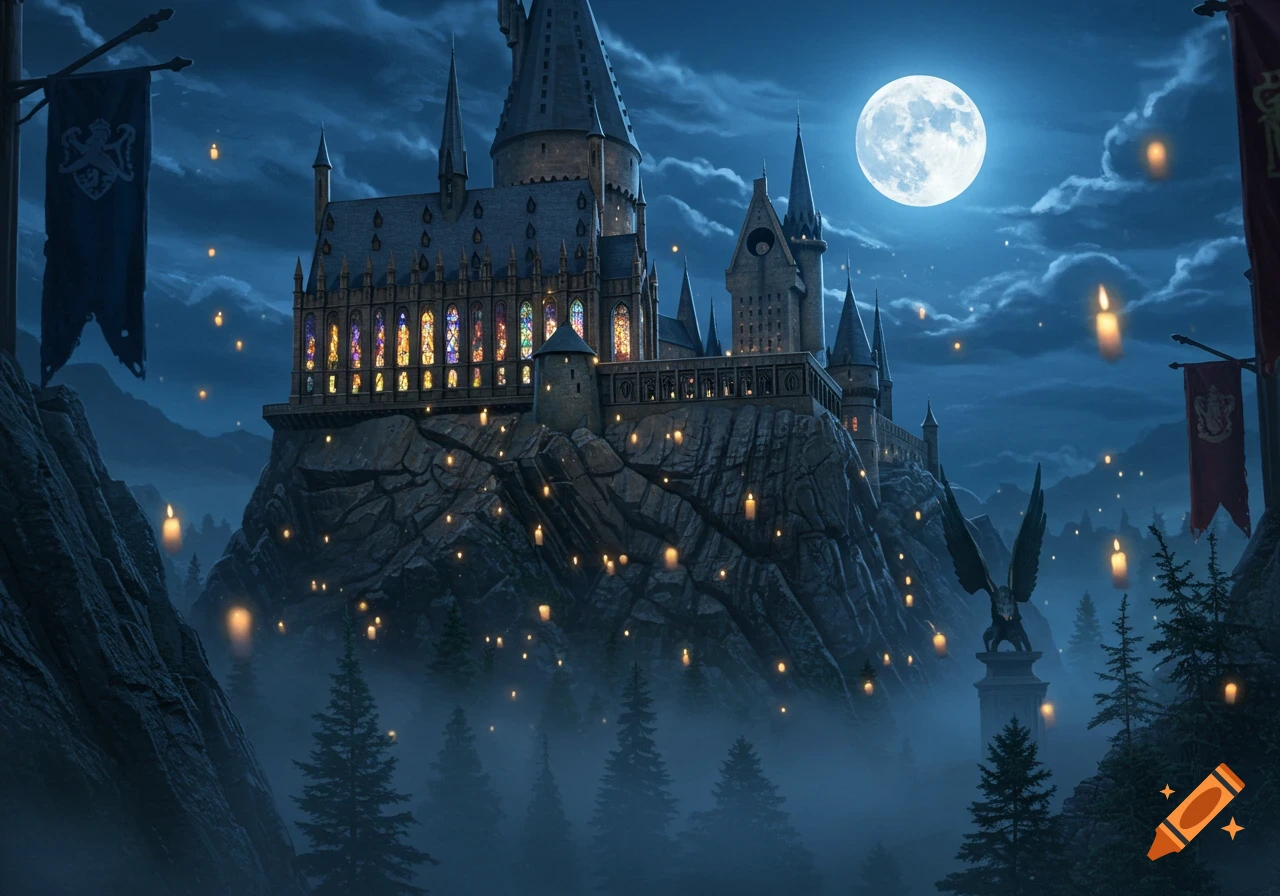 Majestic castle on a rocky cliff under a full moon, with glowing stained-glass windows, misty trees, and floating lanterns in a dark, cloudy night sky.