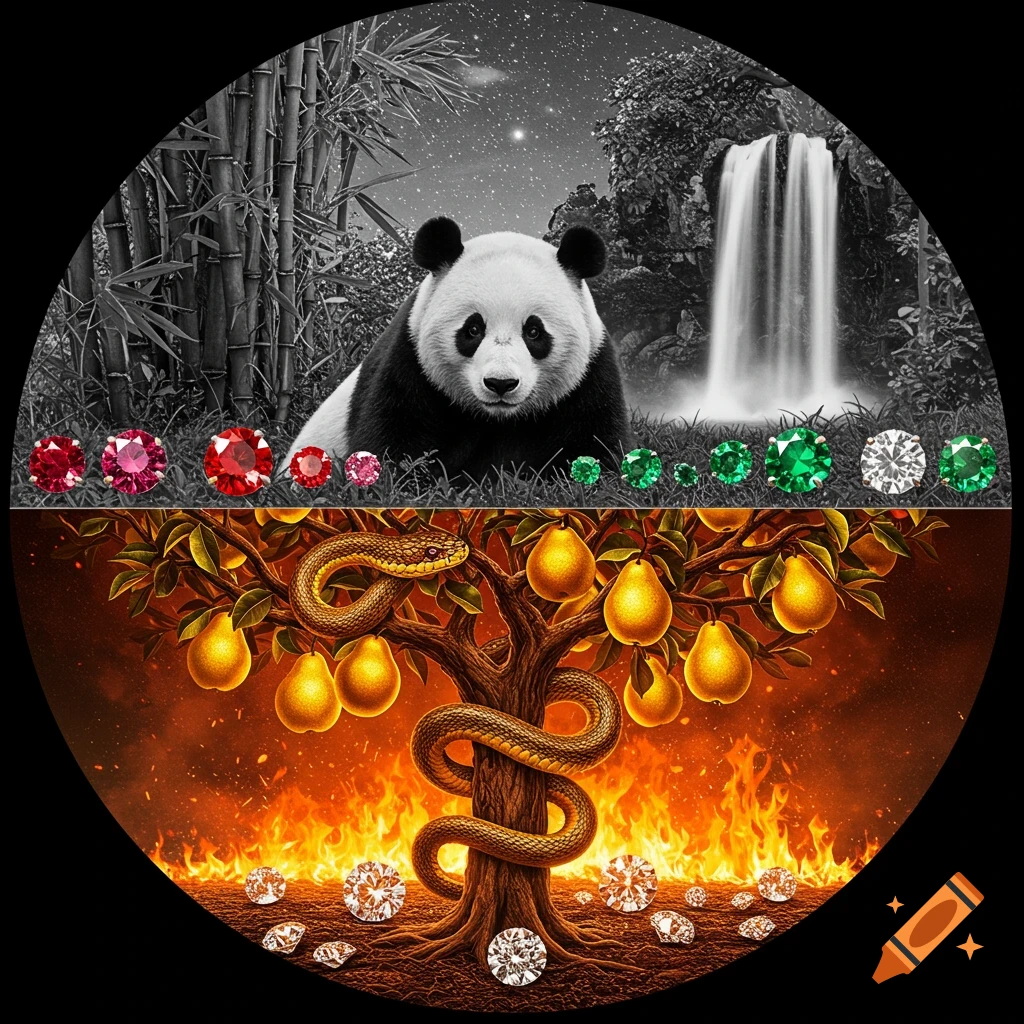 A circular split image: top half with a grayscale panda, bamboo, waterfall, and gems; bottom half with a fiery snake, pear tree, and diamonds.