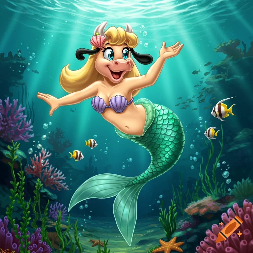 Cartoon Clarabelle Cow as a mermaid with a seashell bra and green tail, swimming happily in a vibrant underwater scene with corals and fish.