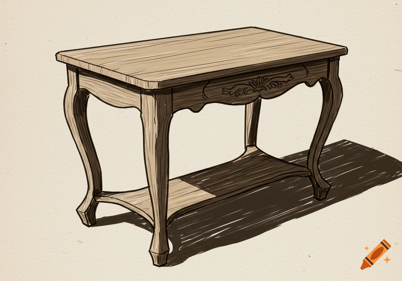Comic style illustration of an antique wooden table with curved legs and a lower shelf, casting a shadow to the right.