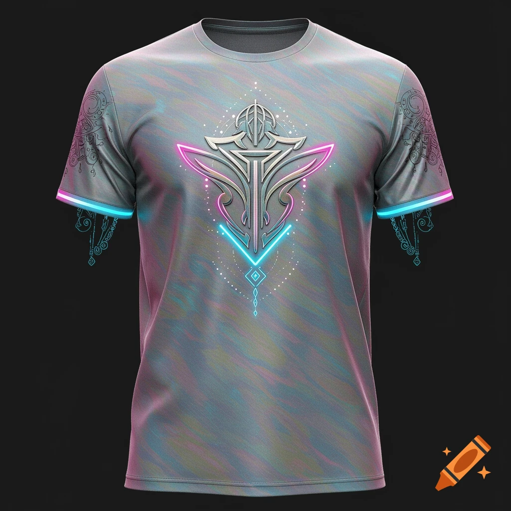 A grey t-shirt with a futuristic silver emblem glowing with pink and blue neon lights on the chest, with patterned sleeves.