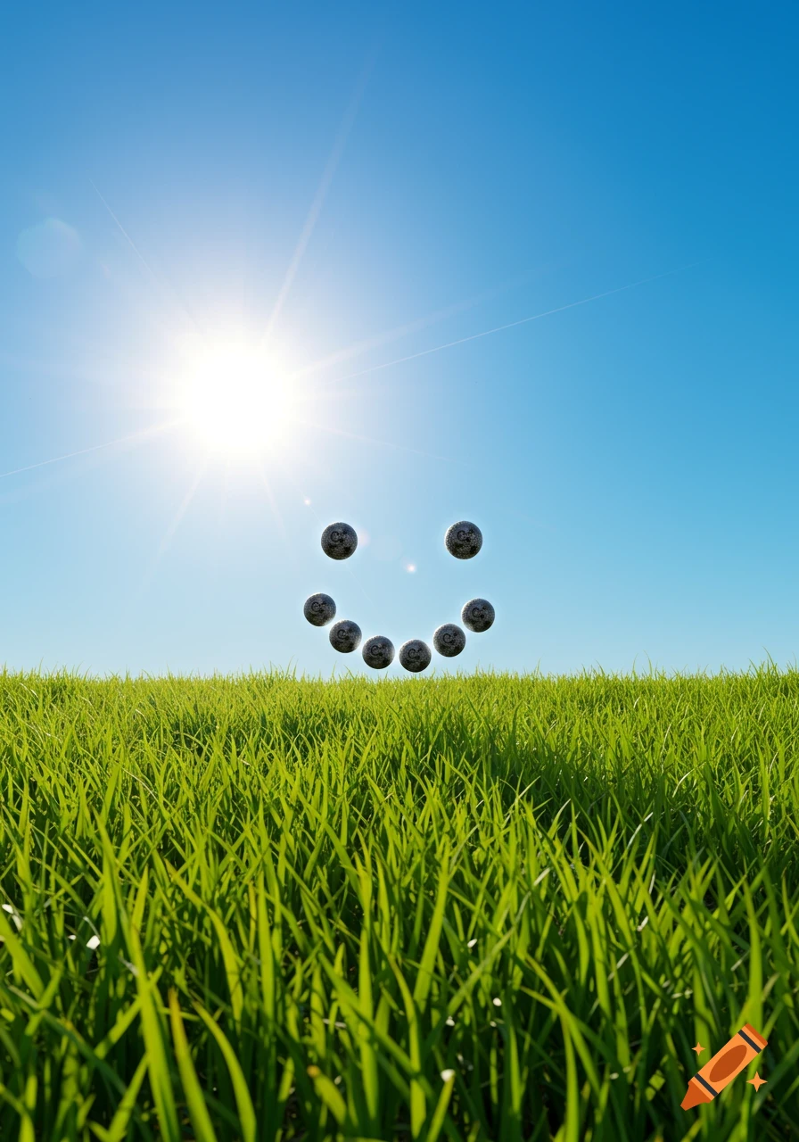 A smiley face formed by dark spheres with 'C' shapes, floating above a vibrant green grass field under a bright blue sky with a shining sun.