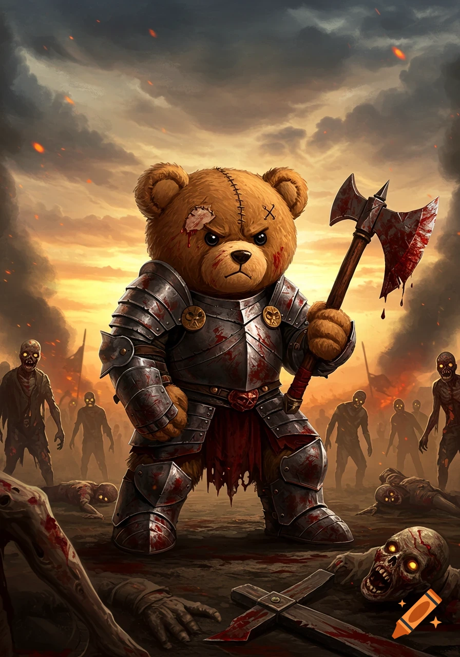 A fierce teddy bear in blood-splattered armor wields a bloody axe against an army of zombies under a fiery, cloudy sky.