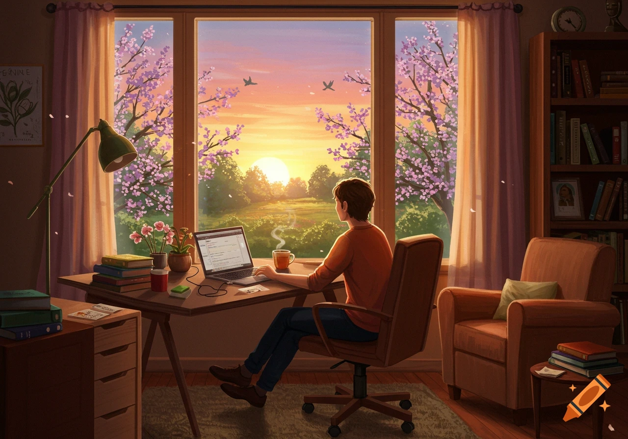 A person works on a laptop in a cozy home office, looking out a window at a vibrant sunset over a landscape with cherry blossom trees.
