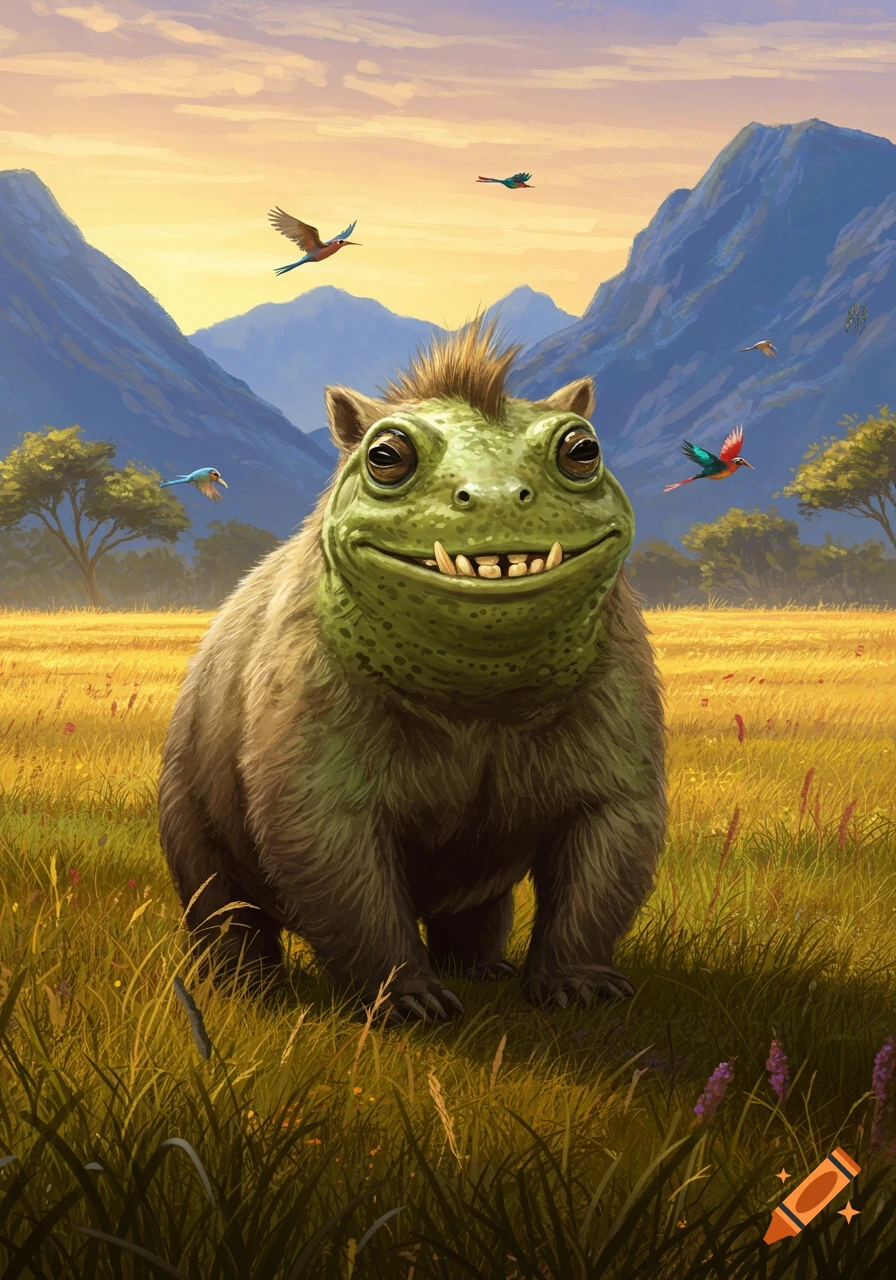 A smiling, green, frog-headed, furry brown creature stands in a golden grassy field. Mountains and colorful birds are in the background under an evening sky.