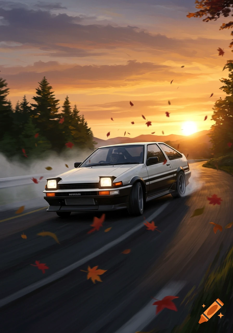White and black classic car drifting on a winding road at sunset with autumn leaves falling, anime style.