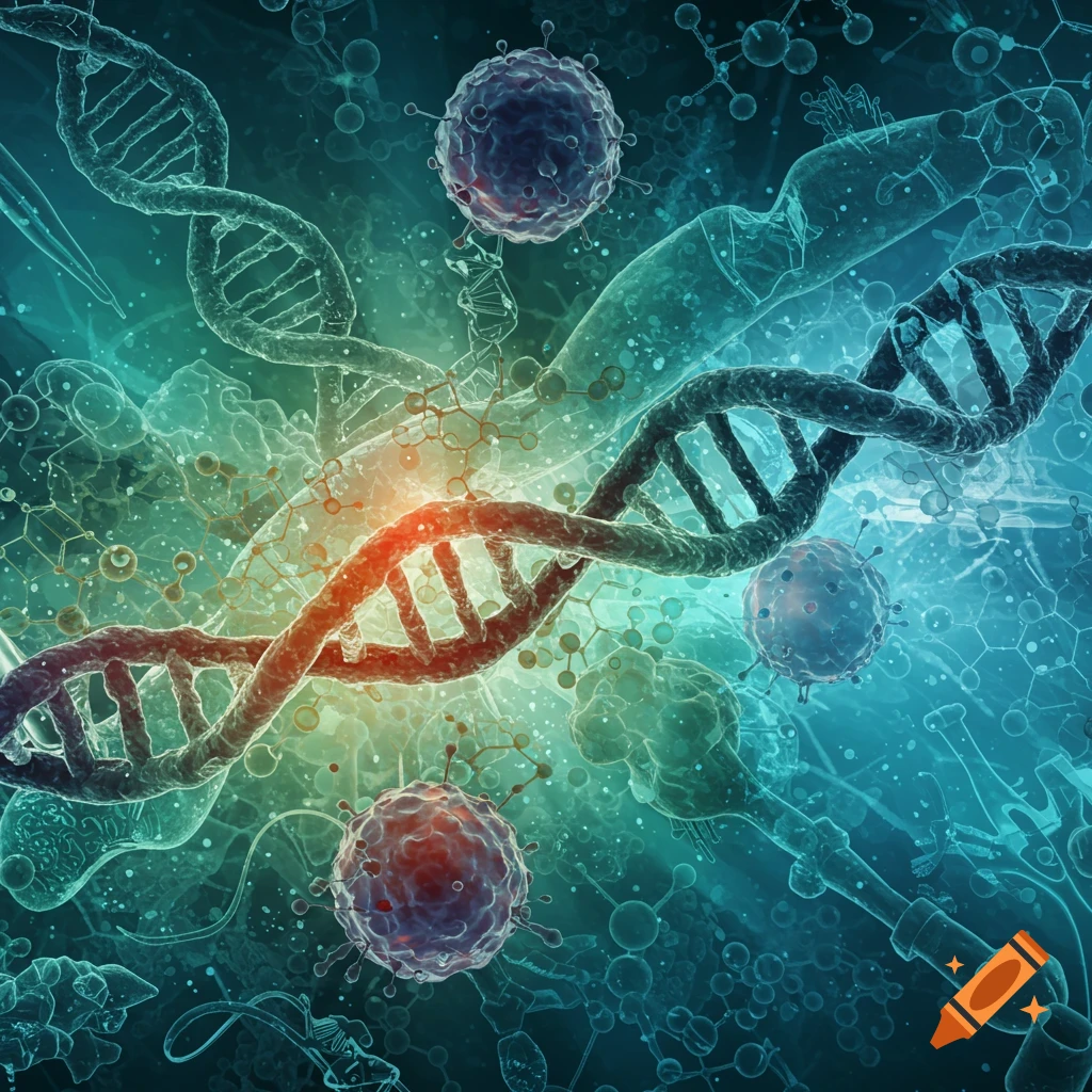 Abstract illustration of glowing DNA strands, viruses, and molecular structures in a vibrant blue-green and orange light.