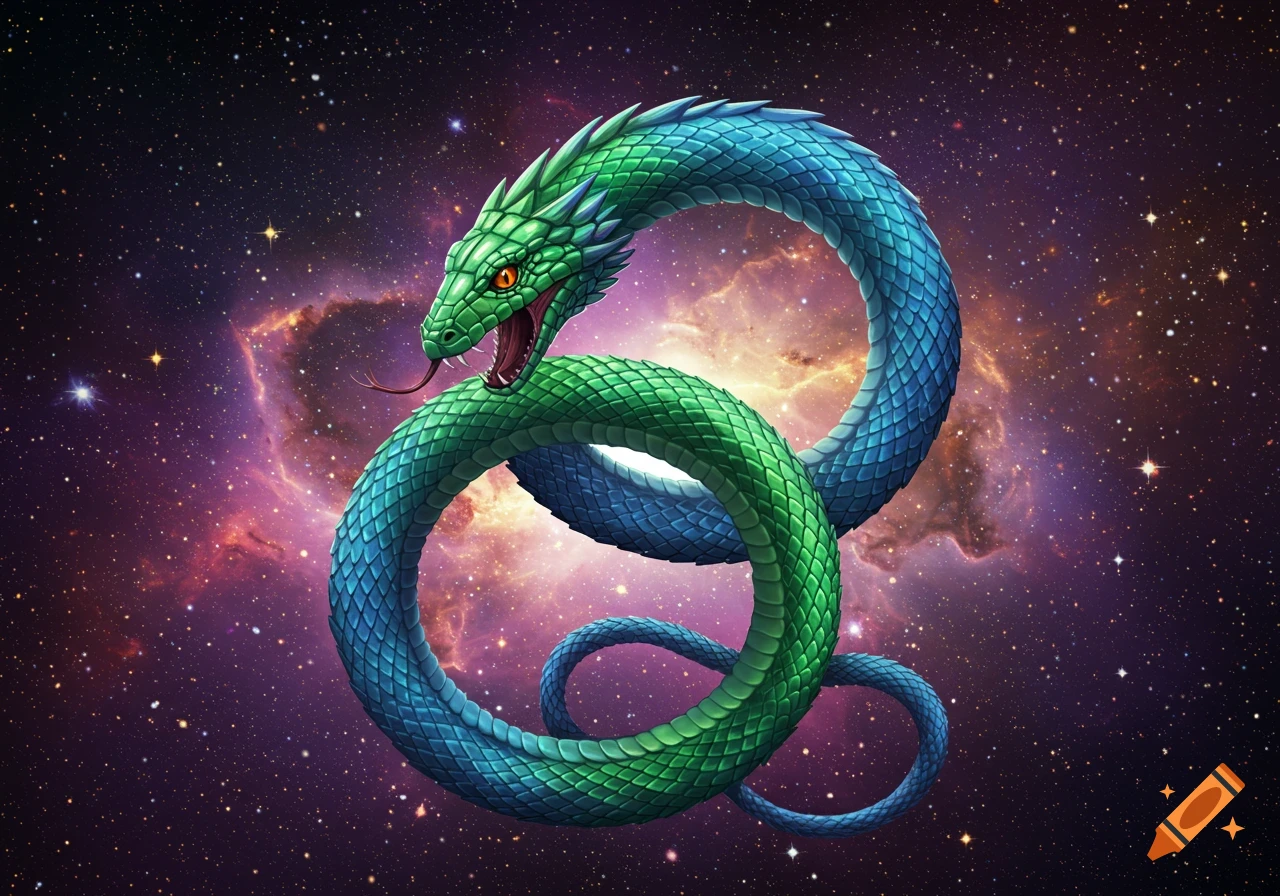 A stylized green and blue snake forms an ouroboros against a vibrant purple and orange nebula with stars.