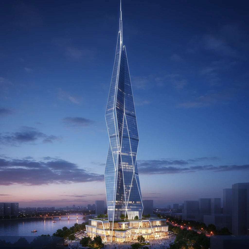 futuristic skyscraper architectural rendering at blue hour with dramatic lighting