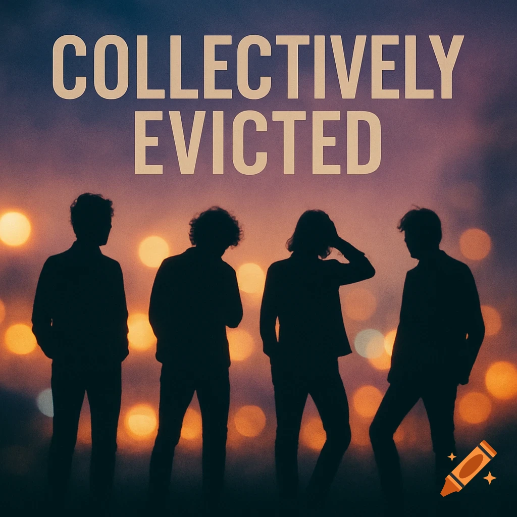 Album cover with the words 'COLLECTIVELY EVICTED' above four silhouetted figures against a blurred background of orange and purple lights.