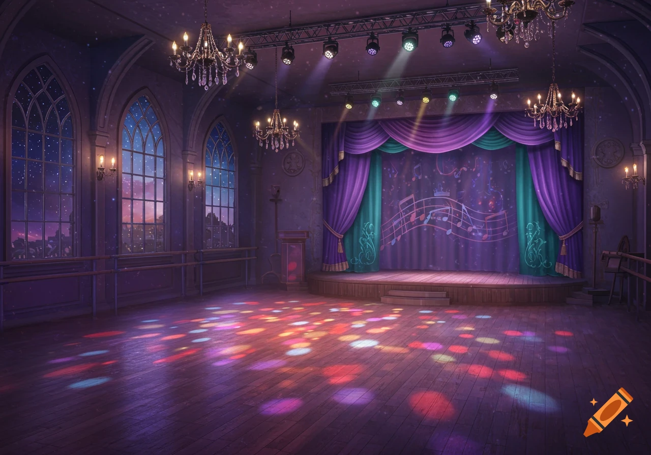 Empty elegant dance studio with a stage, purple curtains, arched windows showing a starry night, and colorful disco lights on the wooden floor.