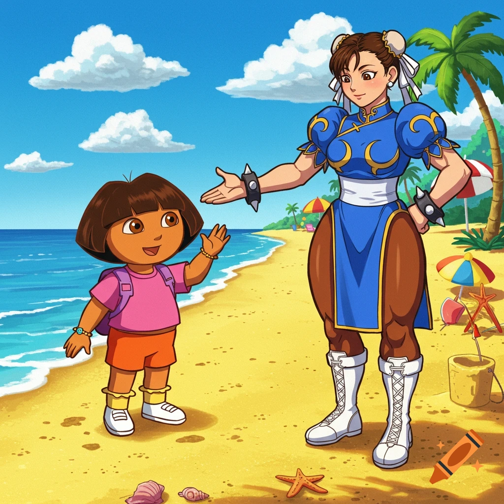 Cartoon illustration of Dora the Explorer waving at Chun-Li from Street Fighter on a sunny beach.
