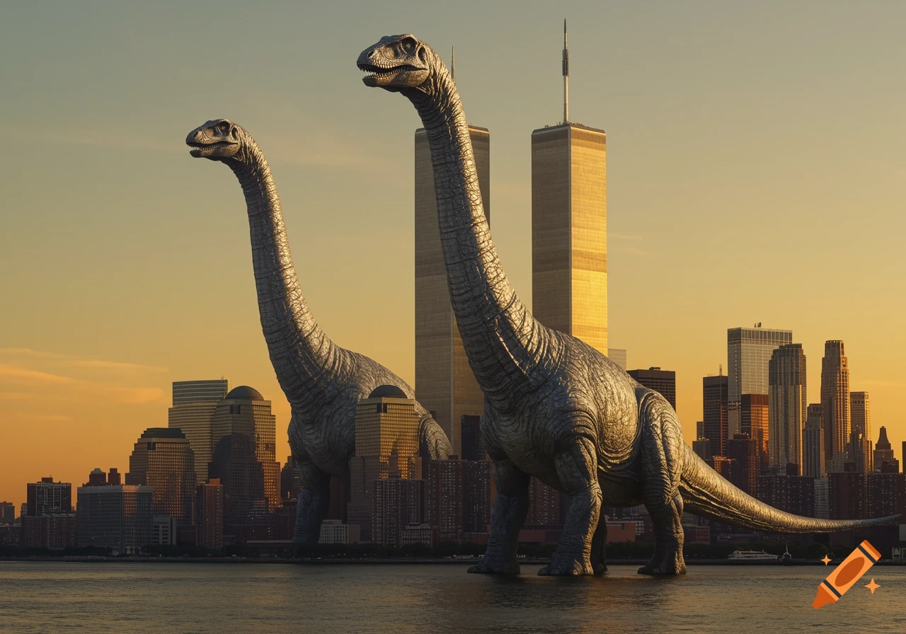 Two colossal, photorealistic dinosaurs stand in water before a city skyline at sunset, with two tall twin towers prominent in the background.
