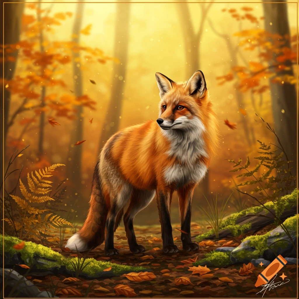 A vibrant red fox stands in a sunlit autumn forest, surrounded by golden and orange leaves.