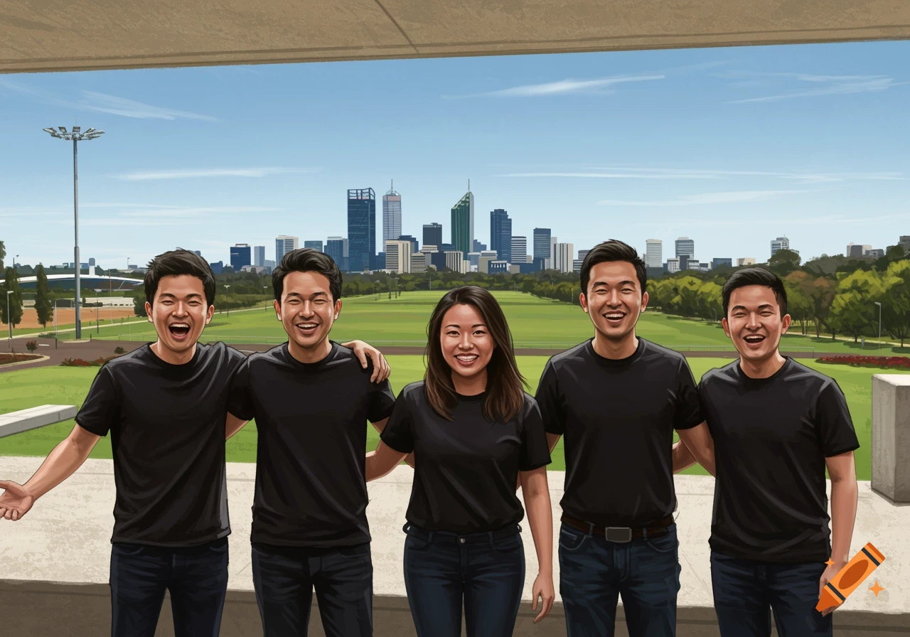 Five happy East Asian individuals, four men and one woman, in black t-shirts and dark pants, stand smiling in front of a green park with a city skyline in the background, in a digital art style.