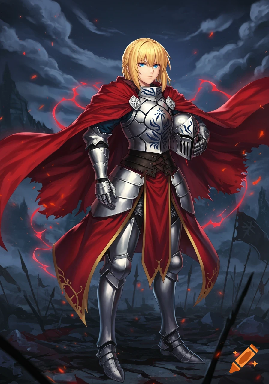 An anime-style female knight in silver armor and a flowing red cape stands on a battlefield at dusk, holding a helmet.