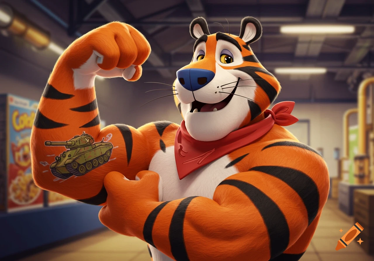 Tony the Tiger flexing his biceps, with a tank tattoo on one arm, in a warehouse setting.