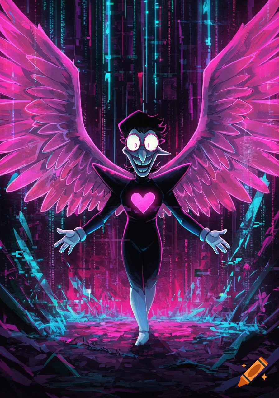 Spamton NEO with large glowing pink wings and a pink heart on his chest, standing in a vibrant neon pink and blue glitchy digital background. Vibrant digital illustration.