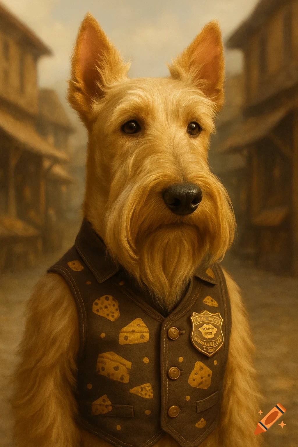 Golden wheaten Scottish Terrier dog wearing a dark brown vest with cheese patterns and a badge, in an old-fashioned street.