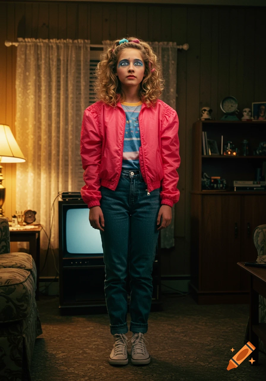 A full-body portrait of a teenage girl with spiral eye makeup, wearing 80s fashion, standing in a dimly lit room.