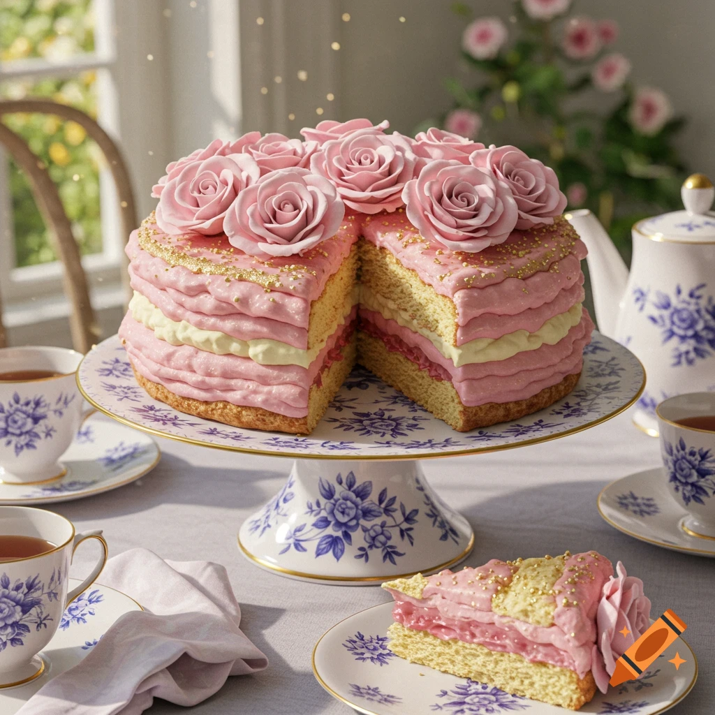 A sliced pink tiered cake with frosting roses and gold sprinkles on a decorative cake stand, surrounded by teacups in a sunlit room.