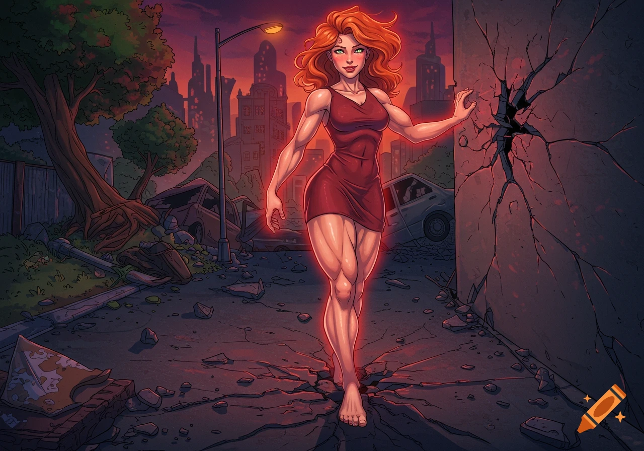 A muscular, red-haired woman in a red dress walks barefoot through a destroyed city street, cracking the ground and a wall with her touch, in a comic book illustration style.