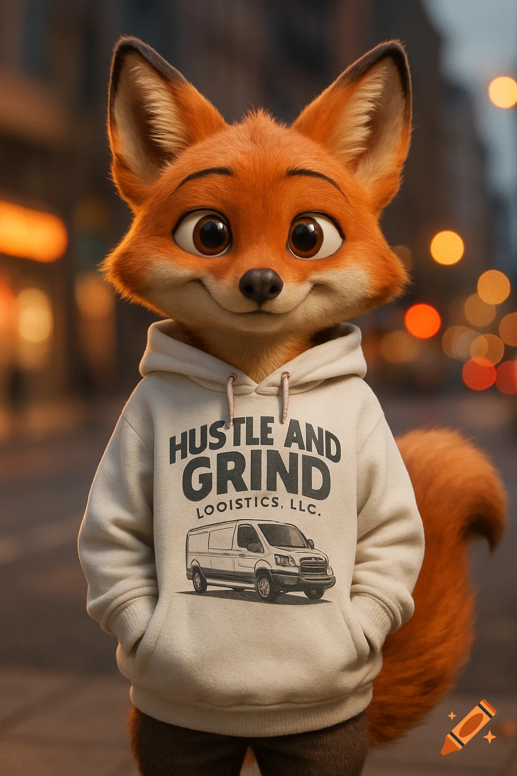 A cute 3D animated fox, similar to Nick Wilde from Zootopia, wears a white hoodie with "Hustle and Grind Looistics, LLC" and a cargo van illustration.