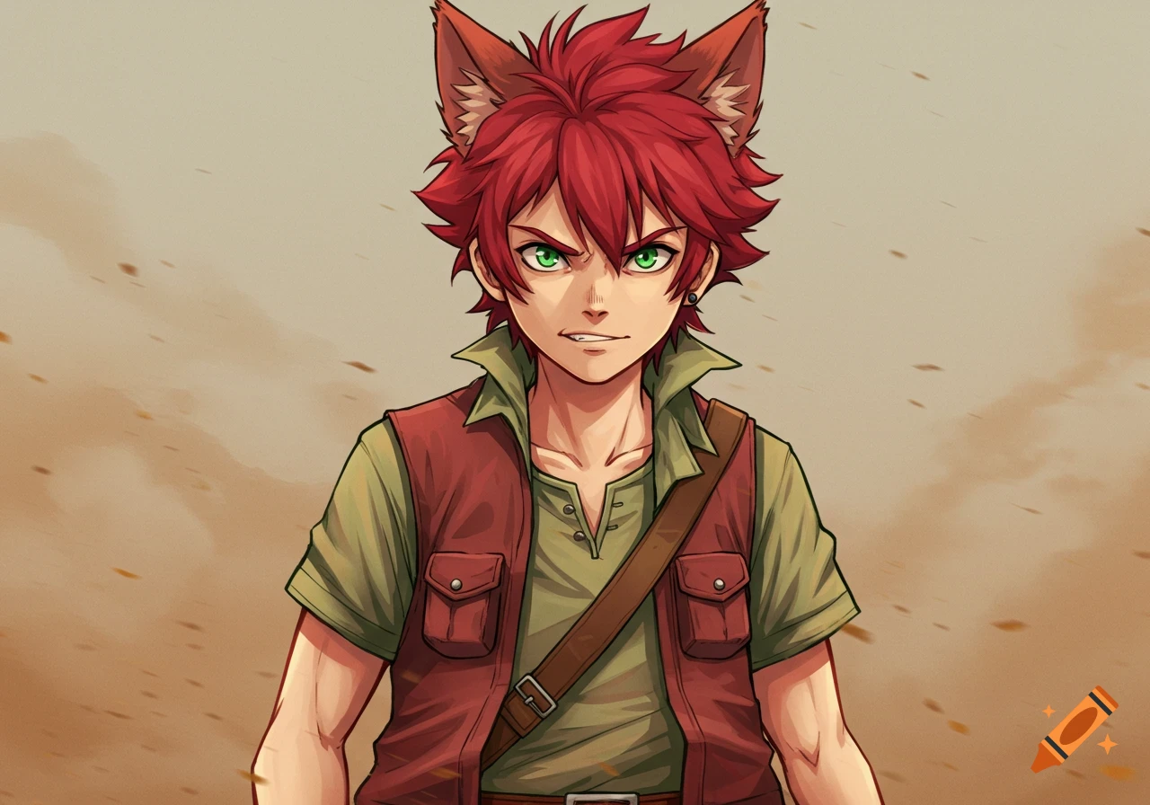 An anime-style young man with red spiky hair, wolf ears, and green eyes, wearing adventurer clothes, in a plain background.