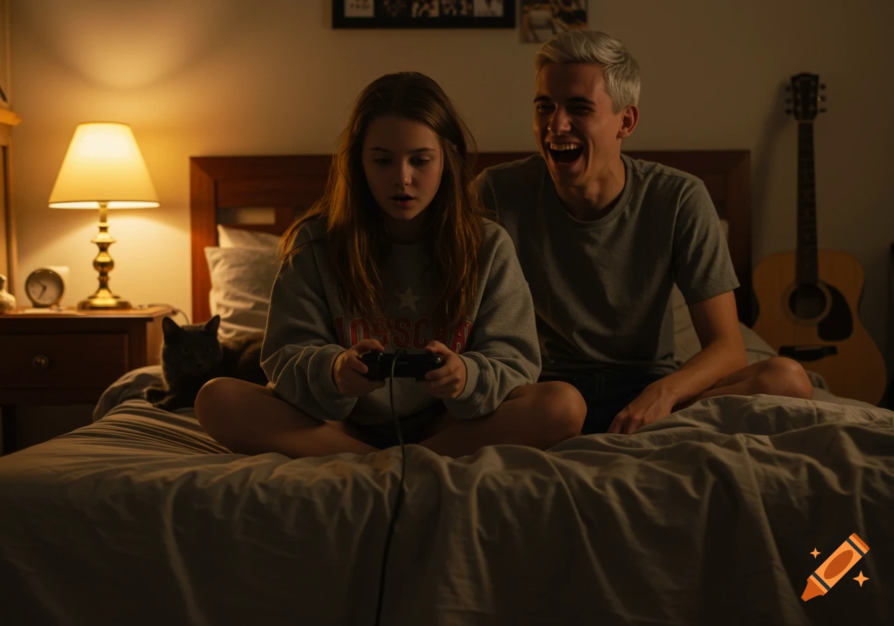 A young girl with long brown hair plays a video game on a bed, while a boy with silver hair laughs beside her. A black cat rests behind the girl, and a guitar leans against the wall.
