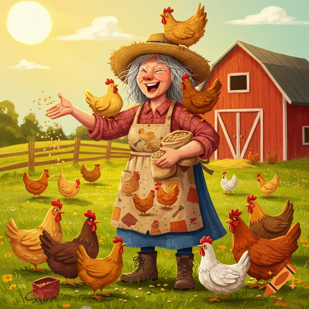 A cheerful old lady in a straw hat and apron feeds chickens on a sunny farm with a red barn in the background, illustrated in a vibrant cartoon style.