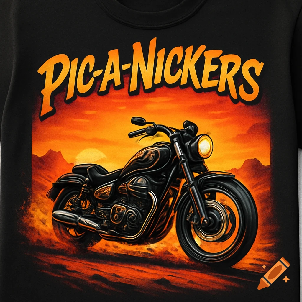 Graphic t-shirt featuring a black motorcycle against an orange and yellow sunset background, with "PIC-A-NICKERS" text above it.