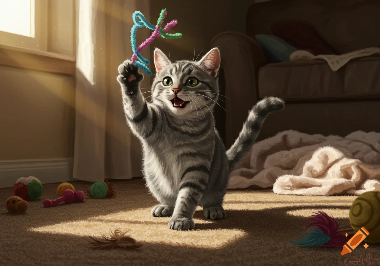 A playful gray tabby cat stands on a carpeted floor, reaching up with one paw to bat at a colorful pipe cleaner toy in a sunlit room.
