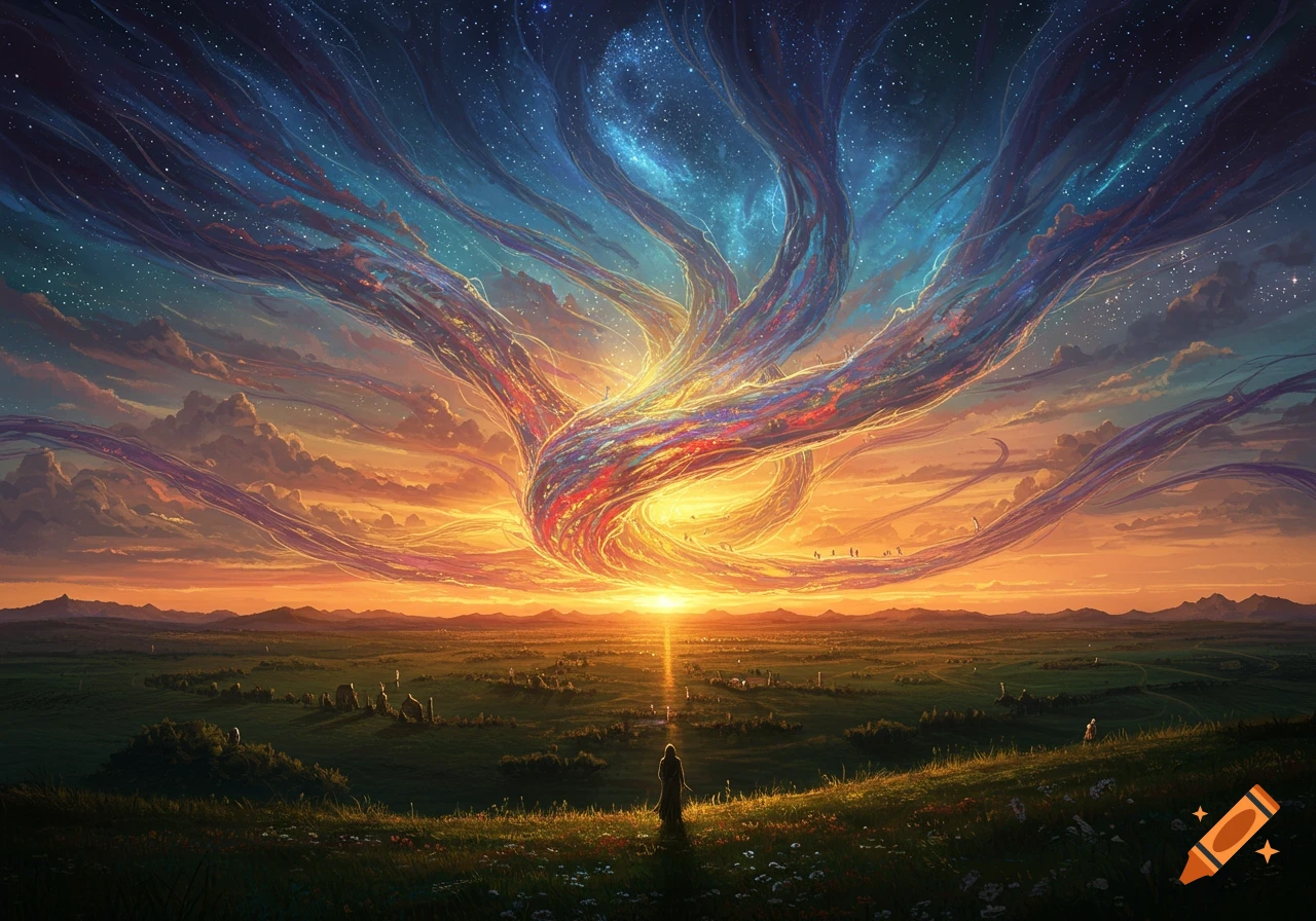 A lone figure stands in a vast green field at sunset, gazing at a vibrant, swirling cosmic tapestry emerging from the horizon into a starry sky.