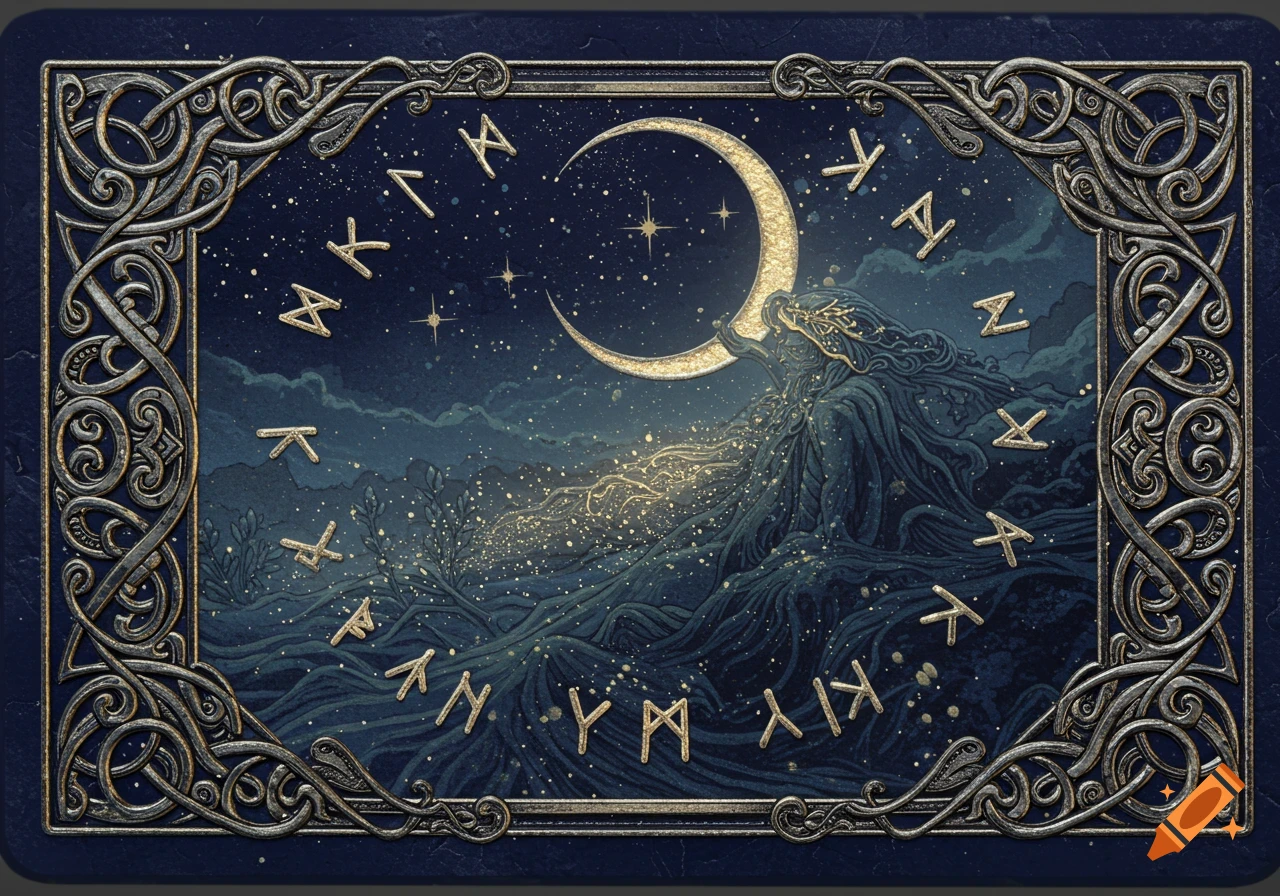 An intricately illustrated vintage tarot card featuring a moon and a flowing figure of a woman, surrounded by stars and decorative rune-like symbols within an ornate Celtic border.