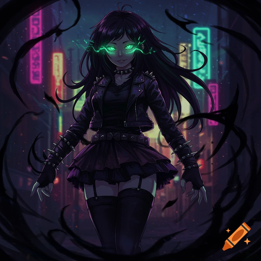 Anime-style girl with long black hair, glowing green eyes, and dark essence power, wearing a black leather jacket and skirt in a neon city.