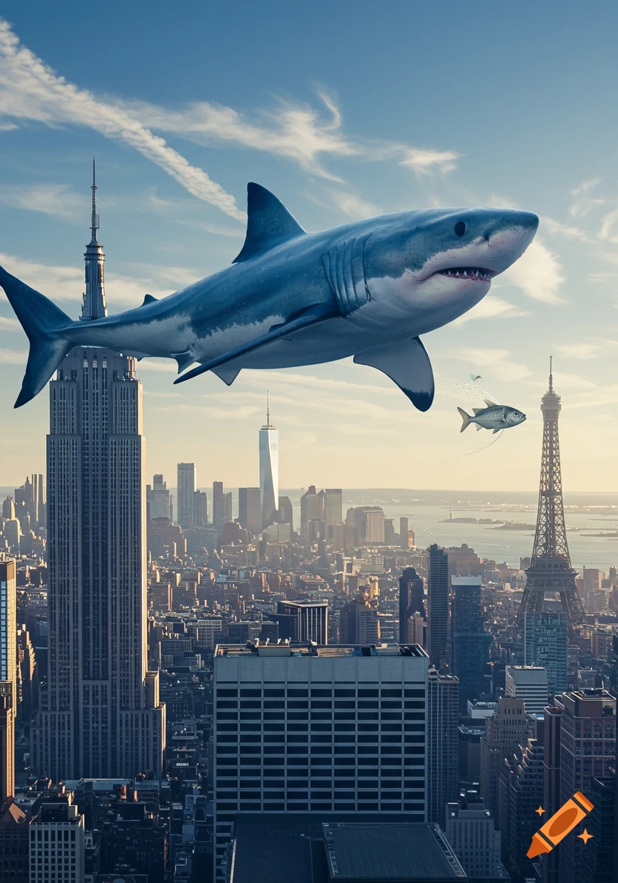 A giant great white shark and a fish fly over a cityscape featuring the Empire State Building and the Eiffel Tower under a blue sky.